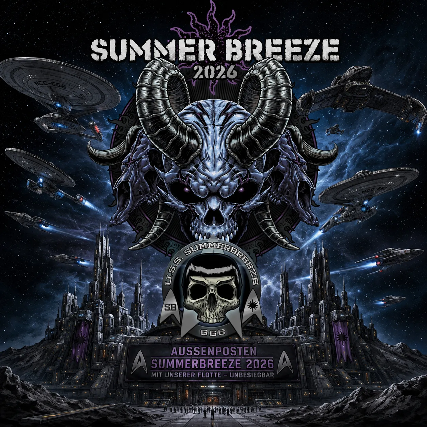 Artwork Summer Breeze 2026: Raumflotte über einem Außenposten, darunter das Emblem der U.S.S. Summerbreeze